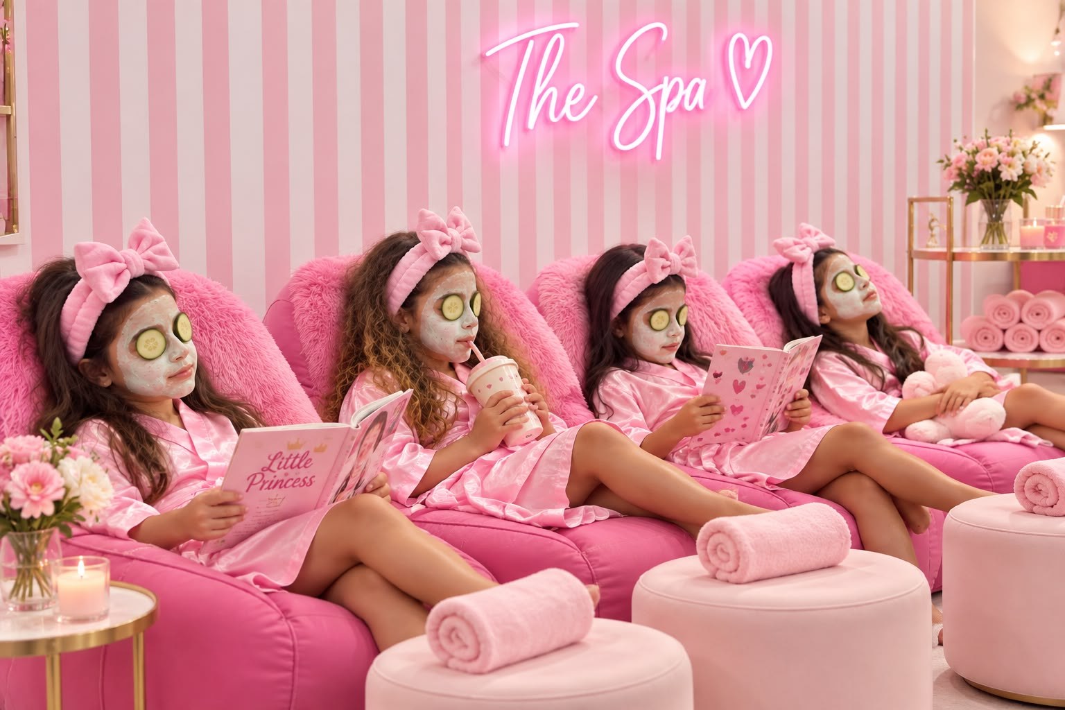 Girls relaxing at The Spa with face masks and pink robes