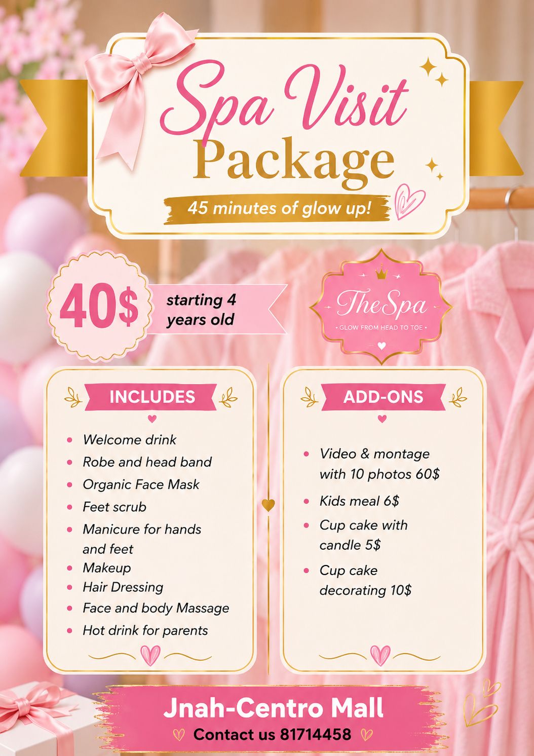 Spa Visit Package — $40 · 45 min · ages 4+